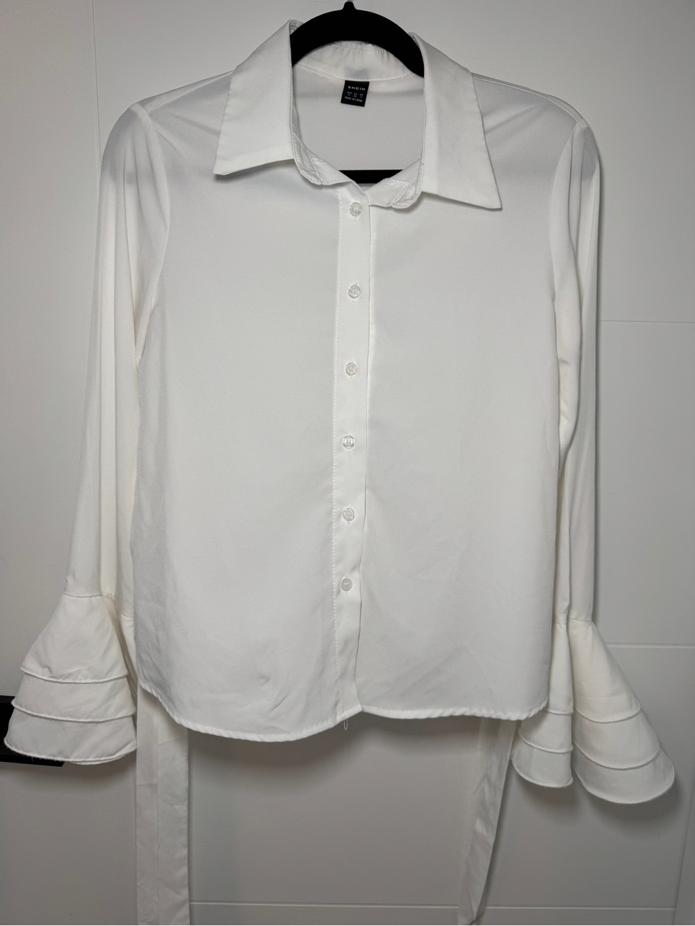 SHEIN White Button-Front Blouse with Tiered Ruffle Cuffs